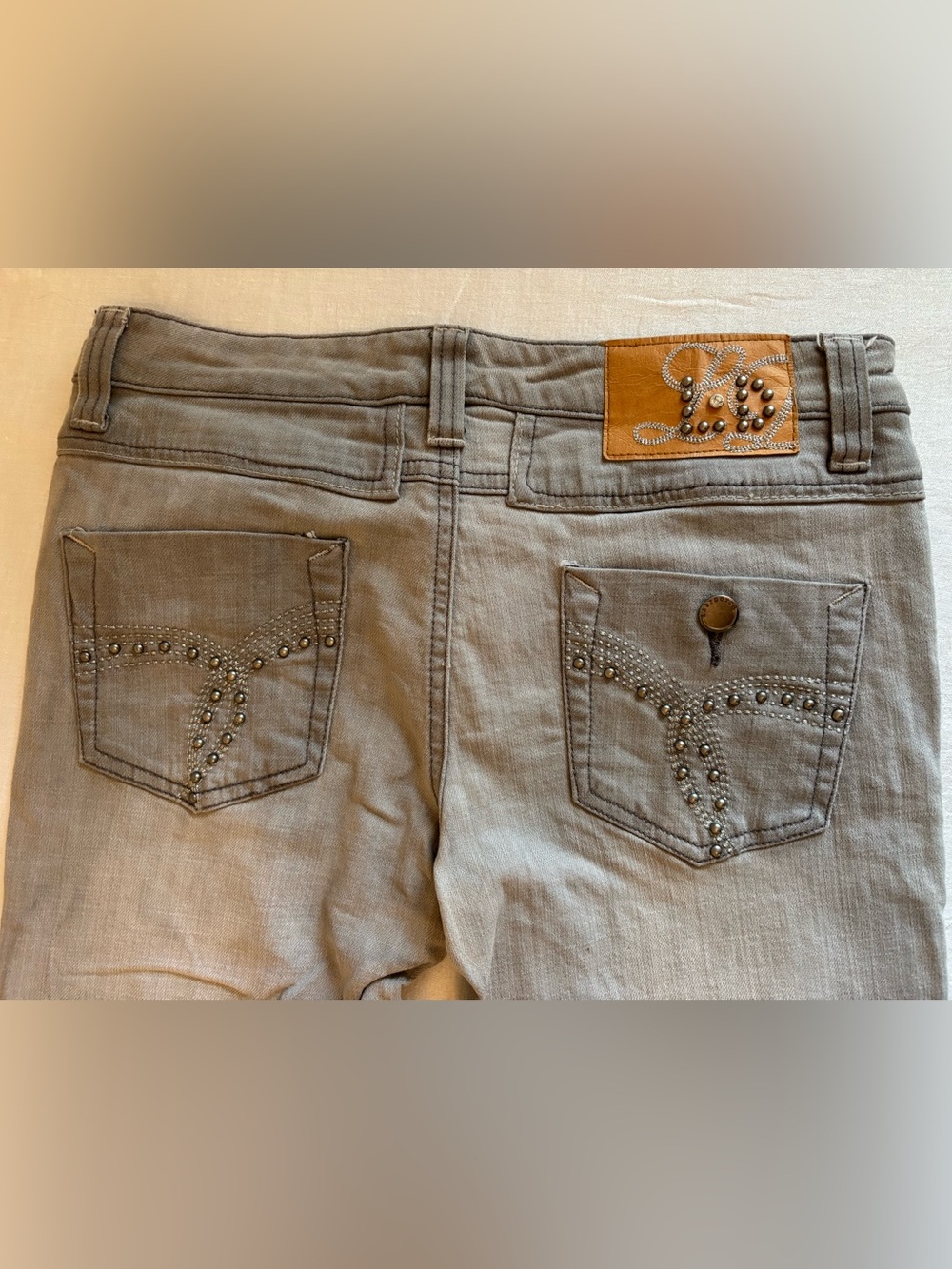 Lady Dutch Light Grey Lowrise Skinny Jeans Y2K Boho Western Studded Stretch  26